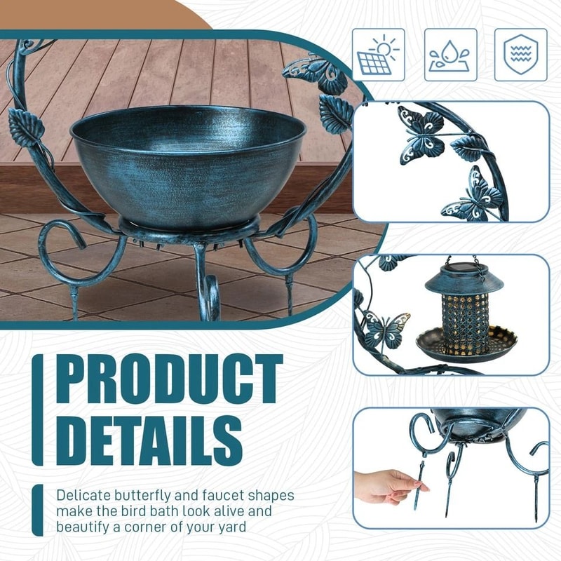 Vintage Outdoor Bird Bath With Solar Feeder Planter Pedestal Blue Garden Decor 2