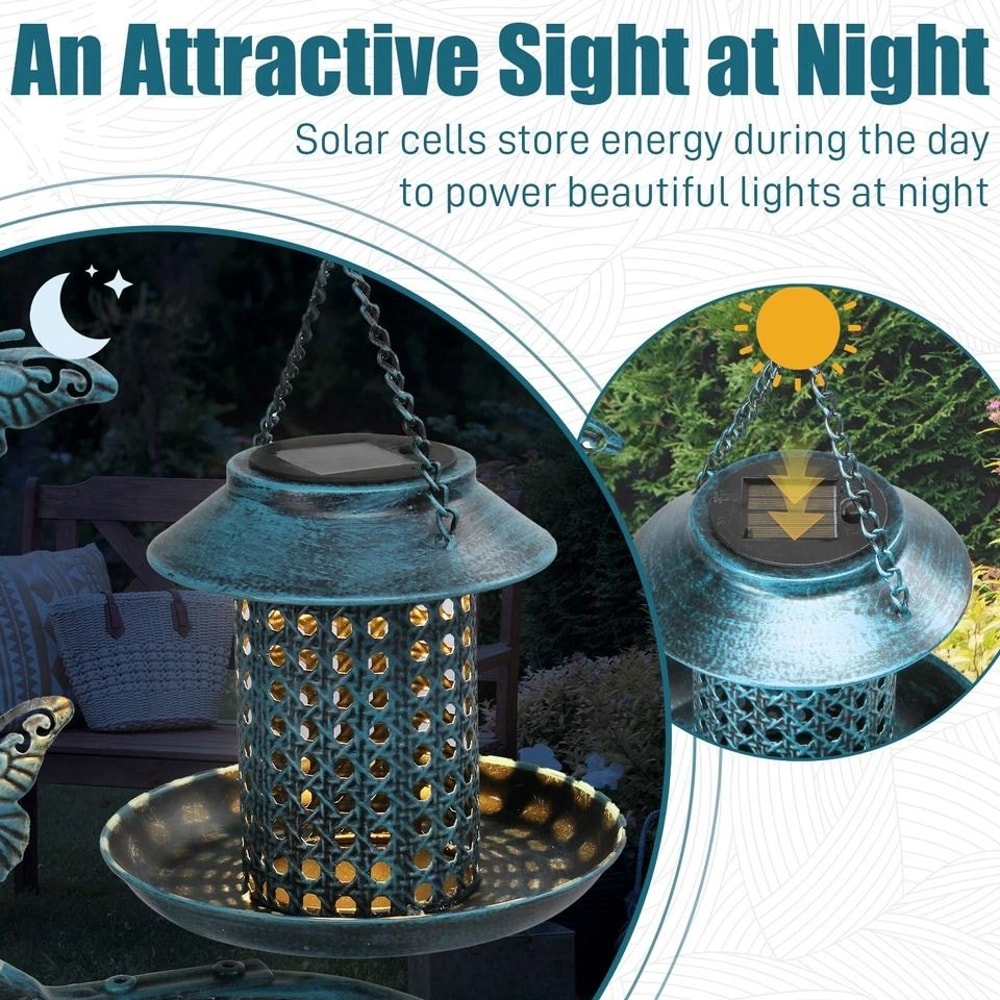 Vintage Outdoor Bird Bath With Solar Feeder Planter Pedestal Blue Garden Decor 3