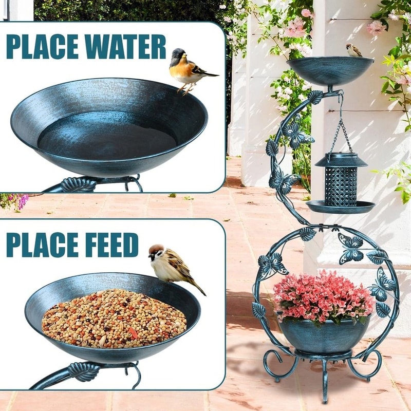 Vintage Outdoor Bird Bath With Solar Feeder Planter Pedestal Blue Garden Decor 4
