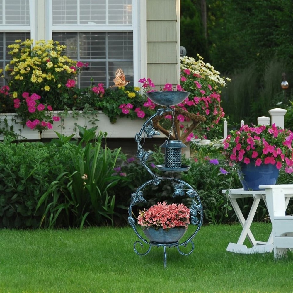 Vintage Outdoor Bird Bath With Solar Feeder Planter Pedestal Blue Garden Decor 5