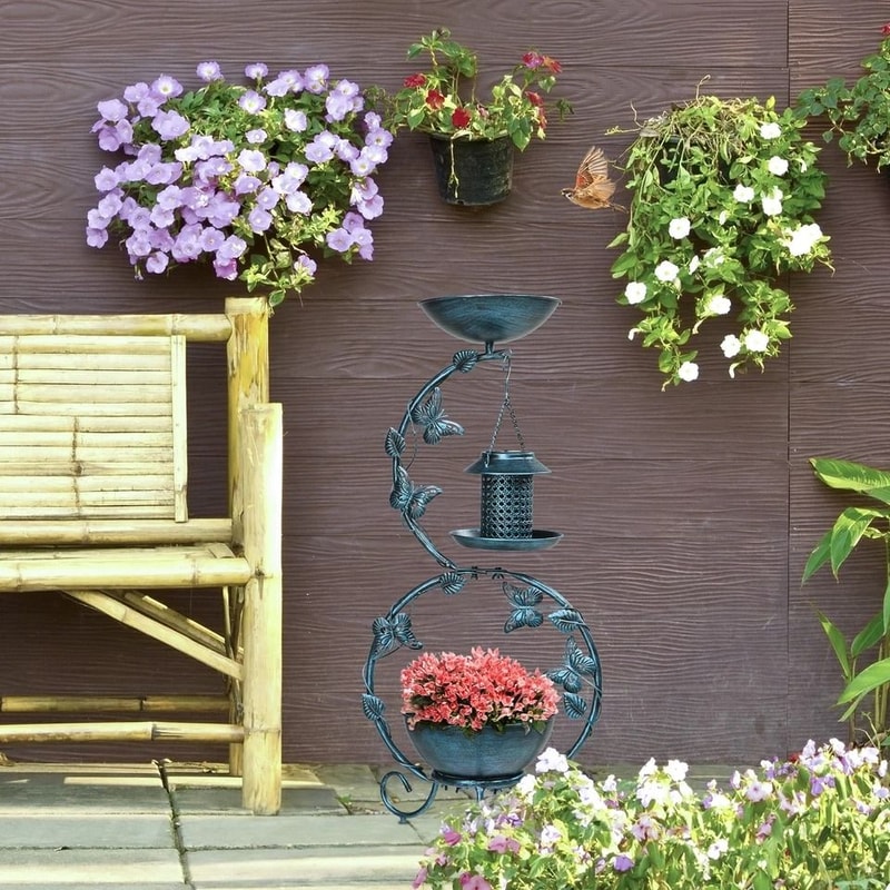 Vintage Outdoor Bird Bath With Solar Feeder Planter Pedestal Blue Garden Decor 6