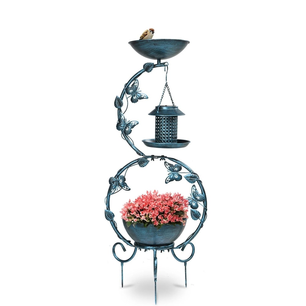 Vintage Outdoor Bird Bath With Solar Feeder Planter Pedestal Blue Garden Decor 8