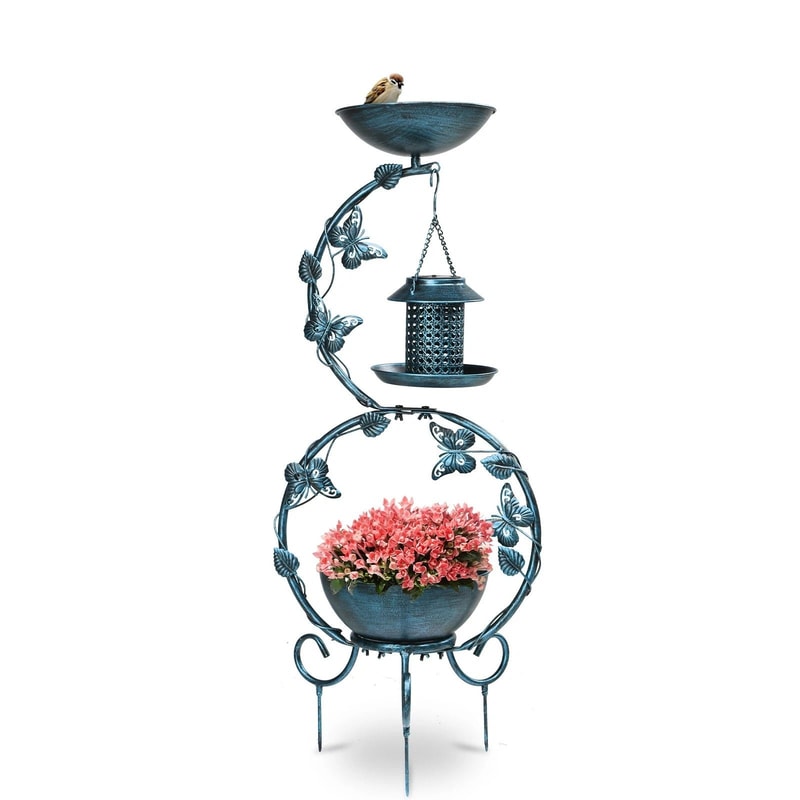 Vintage Outdoor Bird Bath With Solar Feeder Planter Pedestal Blue Garden Decor 8