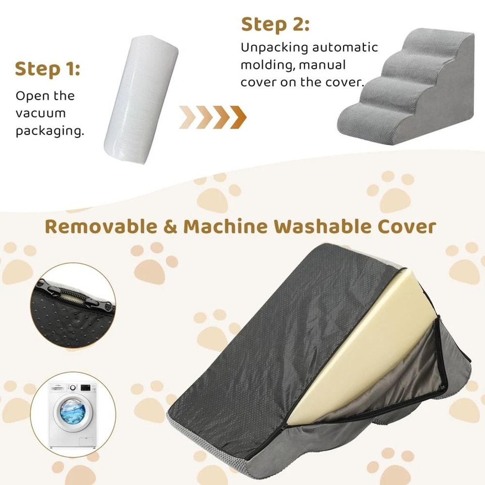 Premium Grey Memory Foam 4Step Pet Stairs For Dogs Cats NonSlip Ladder For Beds Couches 2