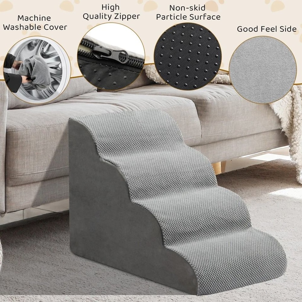 Premium Grey Memory Foam 4Step Pet Stairs For Dogs Cats NonSlip Ladder For Beds Couches 3