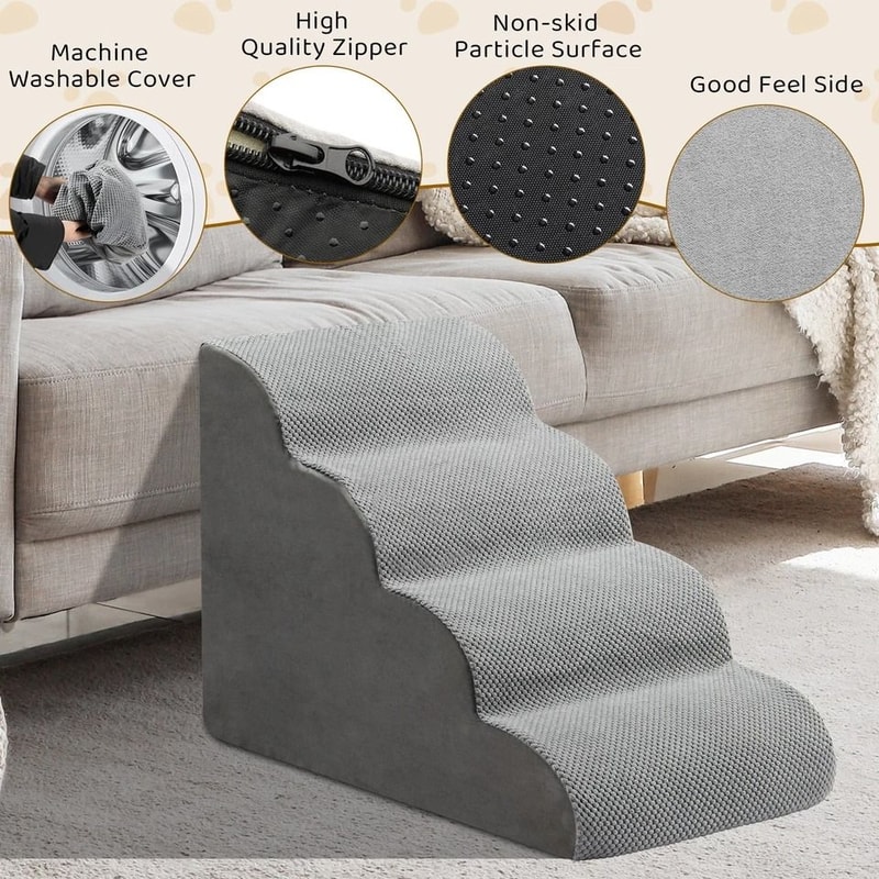 Premium Grey Memory Foam 4Step Pet Stairs For Dogs Cats NonSlip Ladder For Beds Couches 3