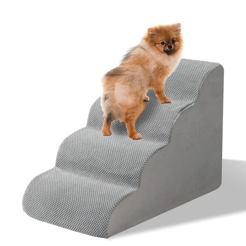 Premium Grey Memory Foam 4Step Pet Stairs For Dogs Cats NonSlip Ladder For Beds Couches 0