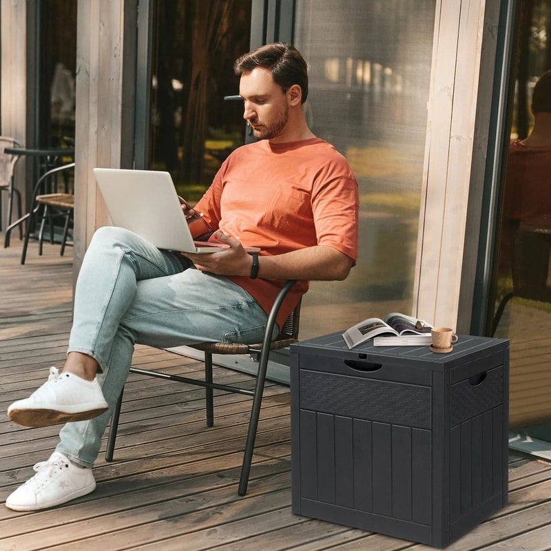 Gallon Outdoor Storage Box With Lockable Lid For Garden Tools Patio Deck Storage Grey 10