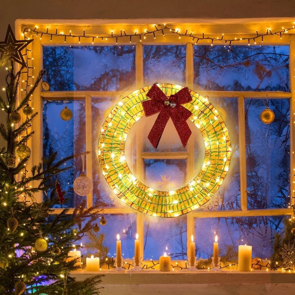 PreLit Christmas Wreath With Warm White LED Lights And Red Bows Perfect For Indoor Outdoor Holiday 1