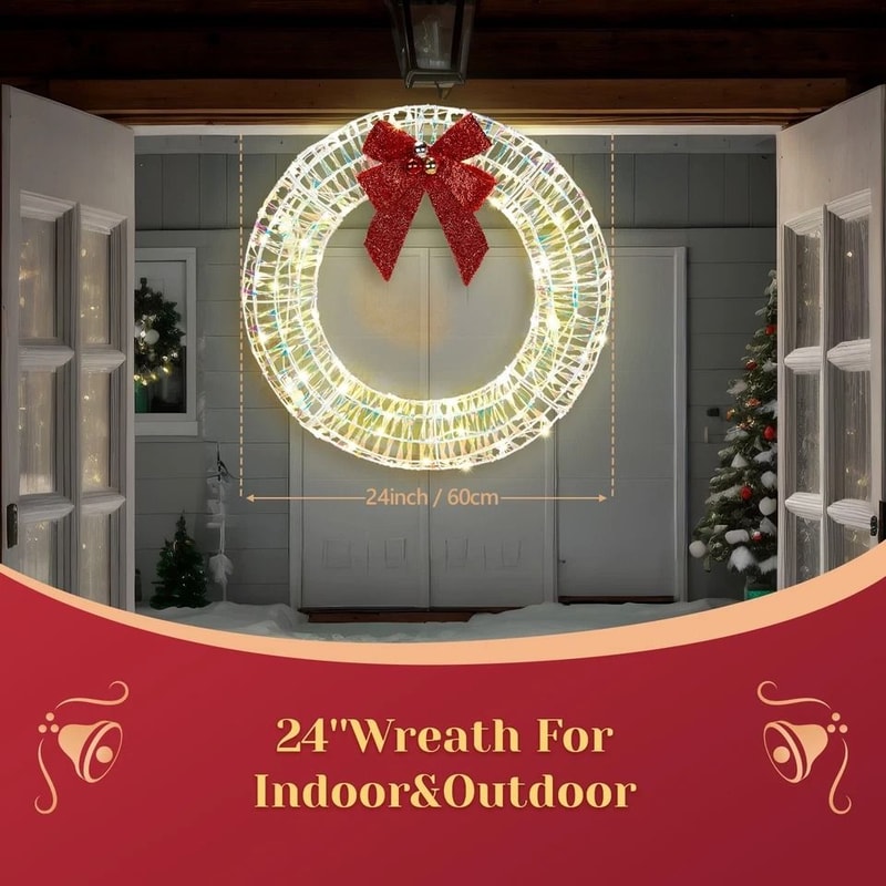 PreLit Christmas Wreath With Warm White LED Lights And Red Bows Perfect For Indoor Outdoor Holiday 2