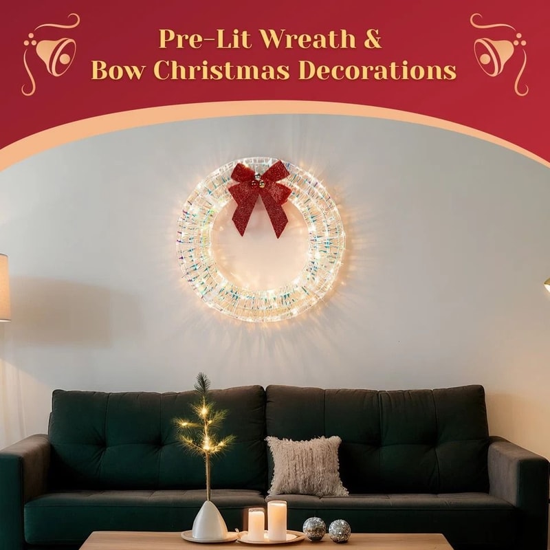 PreLit Christmas Wreath With Warm White LED Lights And Red Bows Perfect For Indoor Outdoor Holiday 3