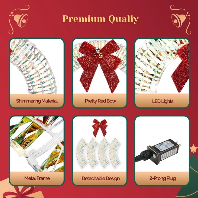 PreLit Christmas Wreath With Warm White LED Lights And Red Bows Perfect For Indoor Outdoor Holiday 4