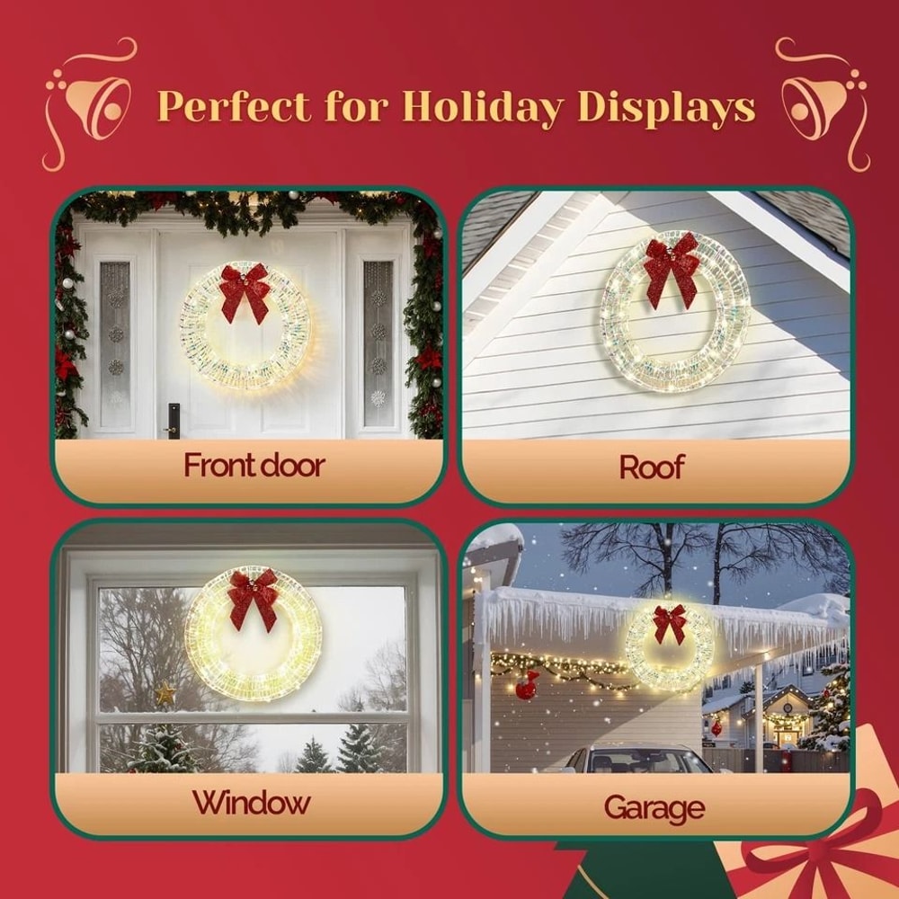 PreLit Christmas Wreath With Warm White LED Lights And Red Bows Perfect For Indoor Outdoor Holiday 7