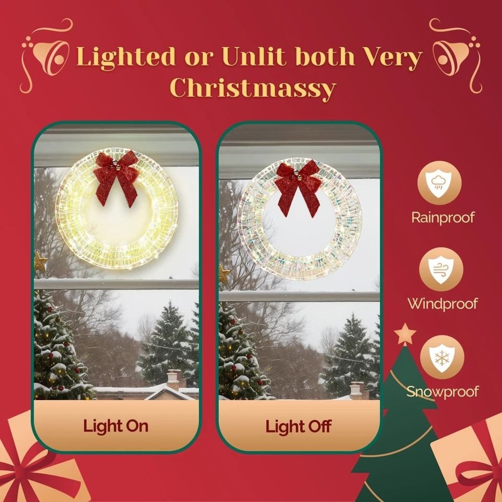 PreLit Christmas Wreath With Warm White LED Lights And Red Bows Perfect For Indoor Outdoor Holiday 8