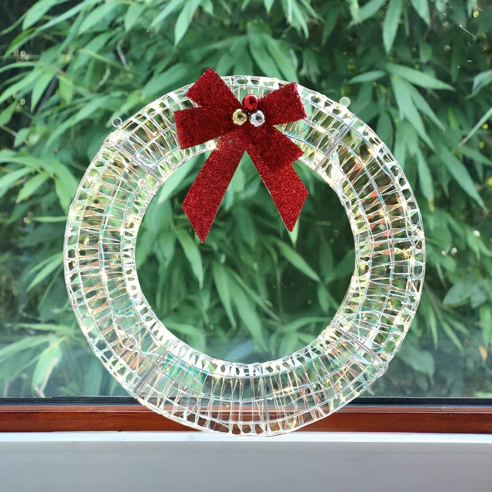 PreLit Christmas Wreath With Warm White LED Lights And Red Bows Perfect For Indoor Outdoor Holiday 0
