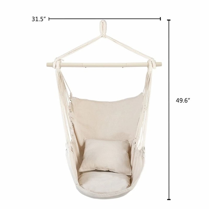 Hammock Chair Swing With Pillows Beige Cotton Canvas Patio Seat Wooden Stand Outdoor Comfort 5
