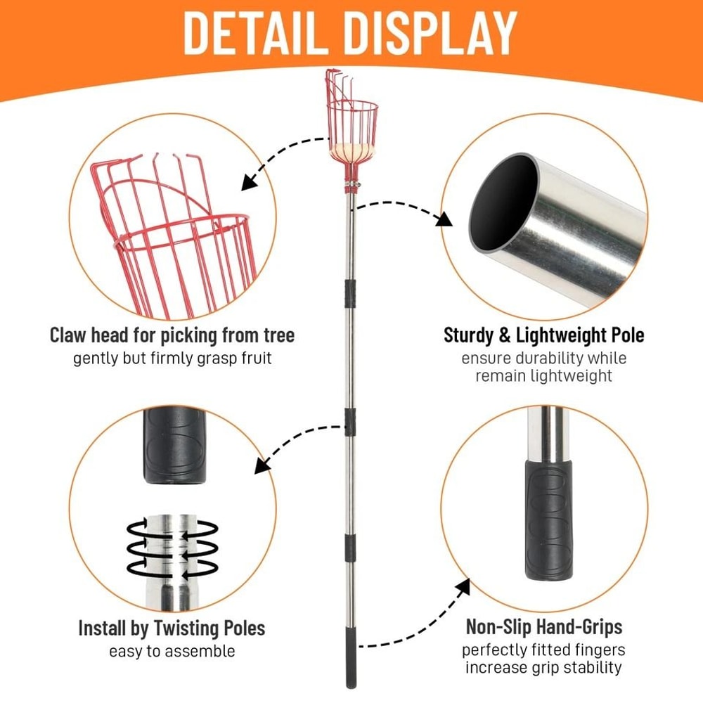 Adjustable Fruit Picker Tool With Basket Lightweight Stainless Steel Pole For Effortless Fruit Harv 5