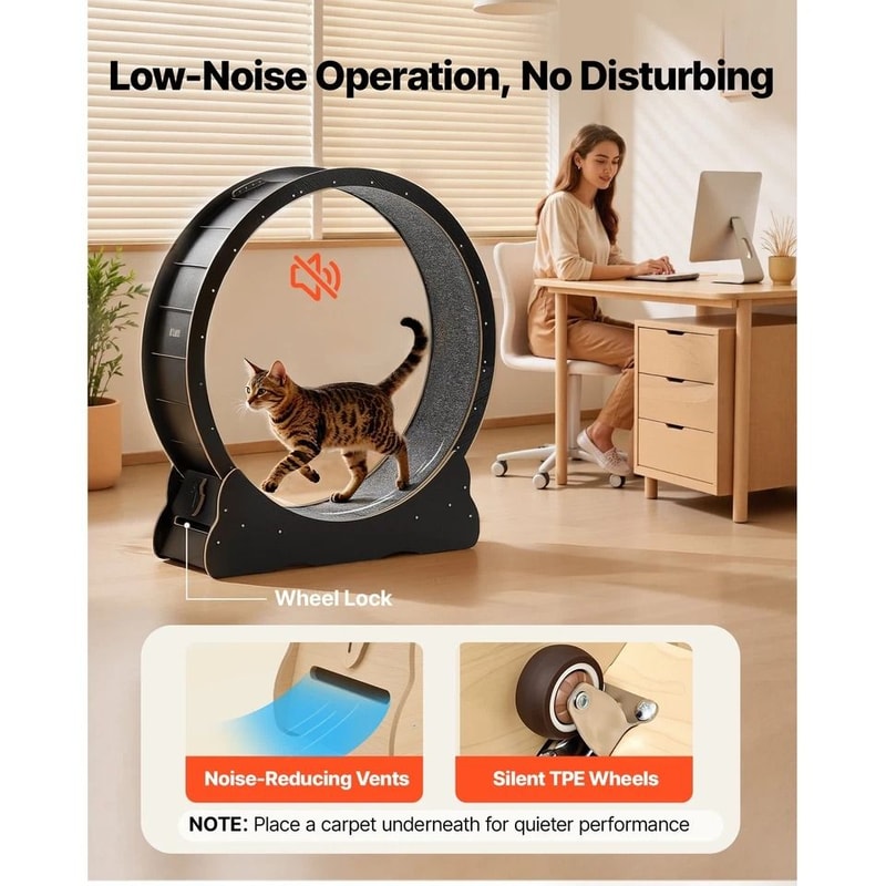 Wooden Cat Exercise Wheel Carpeted Runway For Indoor Play Physical Activity 3