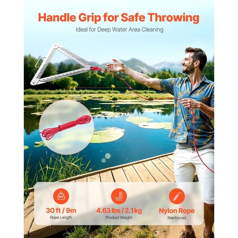 Aquatic Weed Rake With Handle Triangular Foldable Design Rope For Pond Lake Cleanup 2