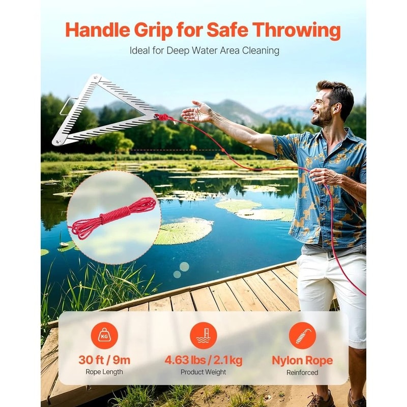 Aquatic Weed Rake With Handle Triangular Foldable Design Rope For Pond Lake Cleanup 2