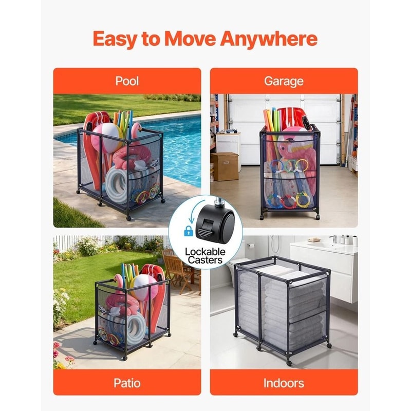 Rolling Pool Toy Storage Bin Organizer With Frame Mesh Fabric Caster Wheels 2