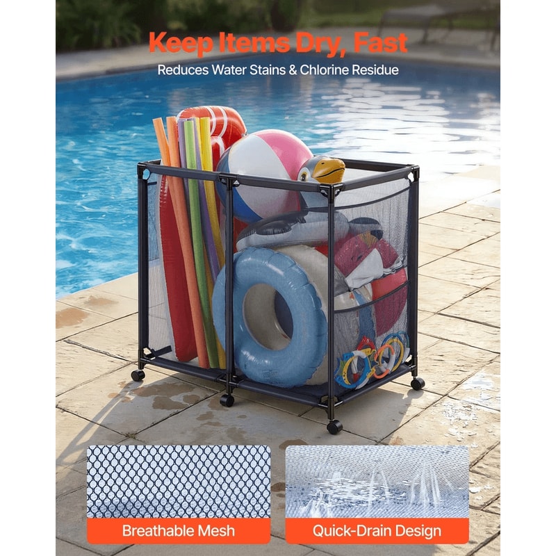 Rolling Pool Toy Storage Bin Organizer With Frame Mesh Fabric Caster Wheels 7