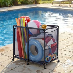rolling pool toy storage bin organizer with frame mesh fabric & caster wheels