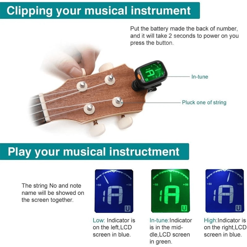 ClipOn Guitar Tuner With LCD Display Chromatic Digital Tuner For Guitar Bass Ukulele Violin 10