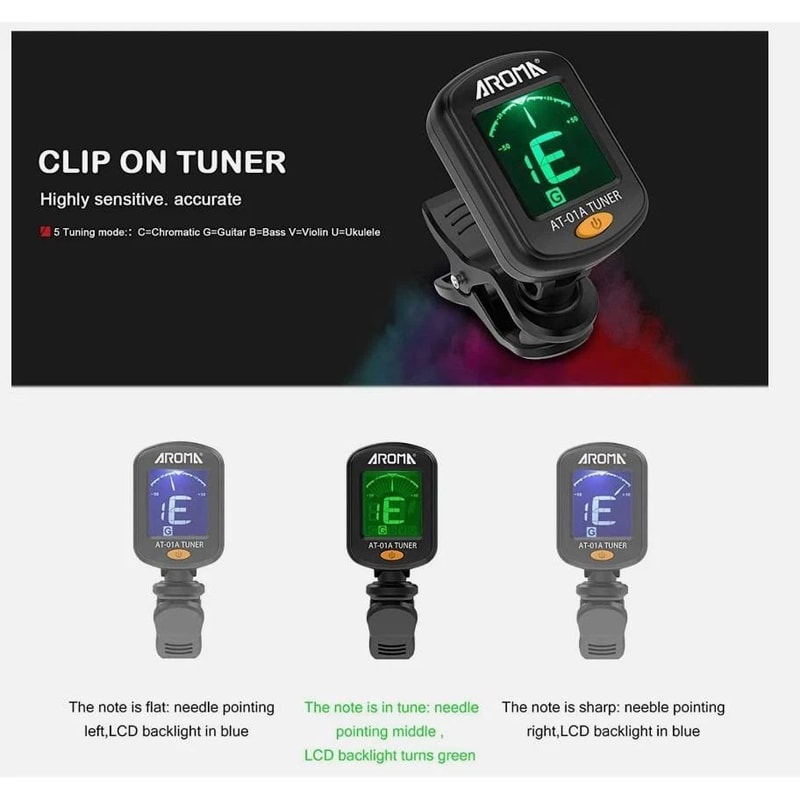 ClipOn Guitar Tuner With LCD Display Chromatic Digital Tuner For Guitar Bass Ukulele Violin 5