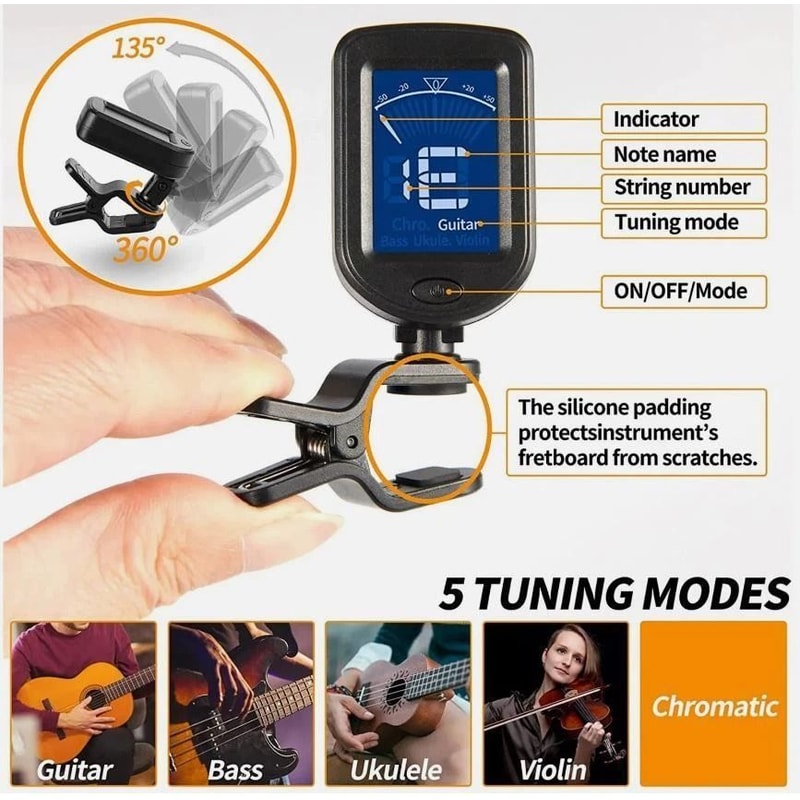 ClipOn Guitar Tuner With LCD Display Chromatic Digital Tuner For Guitar Bass Ukulele Violin 7