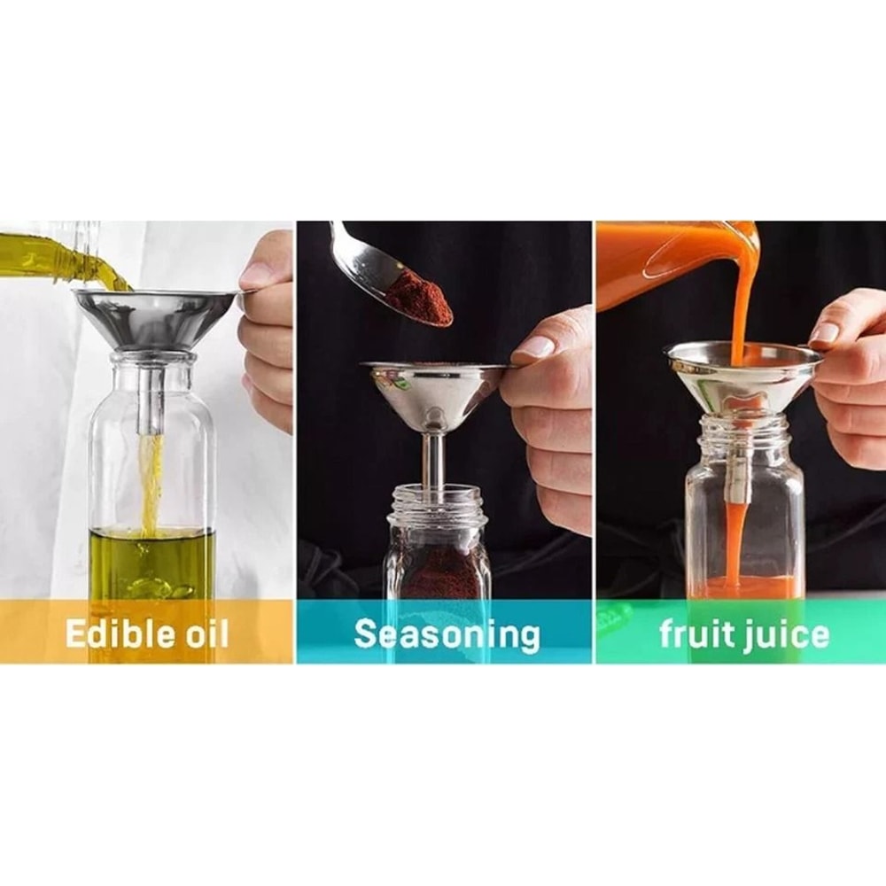 Stainless Steel Kitchen Funnel Set With Cleaning Brushes Food Grade No Spill Design 1