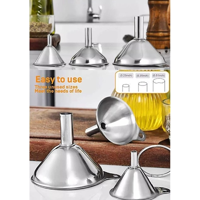 Stainless Steel Kitchen Funnel Set With Cleaning Brushes Food Grade No Spill Design 2
