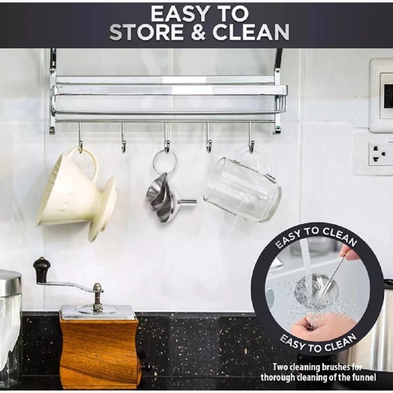 Stainless Steel Kitchen Funnel Set With Cleaning Brushes Food Grade No Spill Design 3