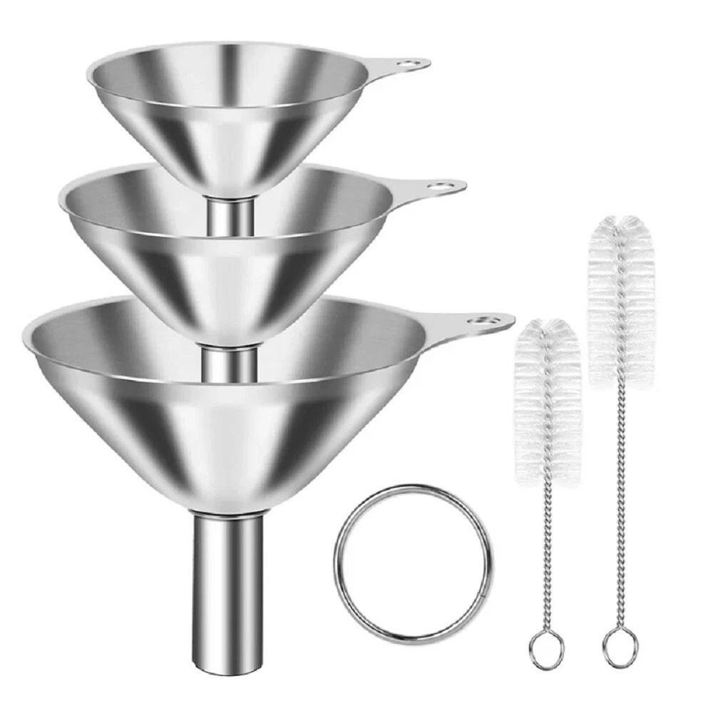 Stainless Steel Kitchen Funnel Set With Cleaning Brushes Food Grade No Spill Design 0