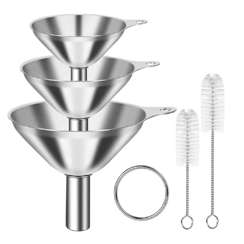 Stainless Steel Kitchen Funnel Set With Cleaning Brushes Food Grade No Spill Design 0