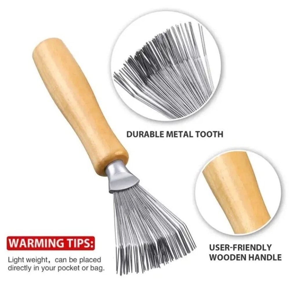 Hair Brush Cleaner Tool Metal Rake With Wooden Handle For Lint Hair Dust Removal 1