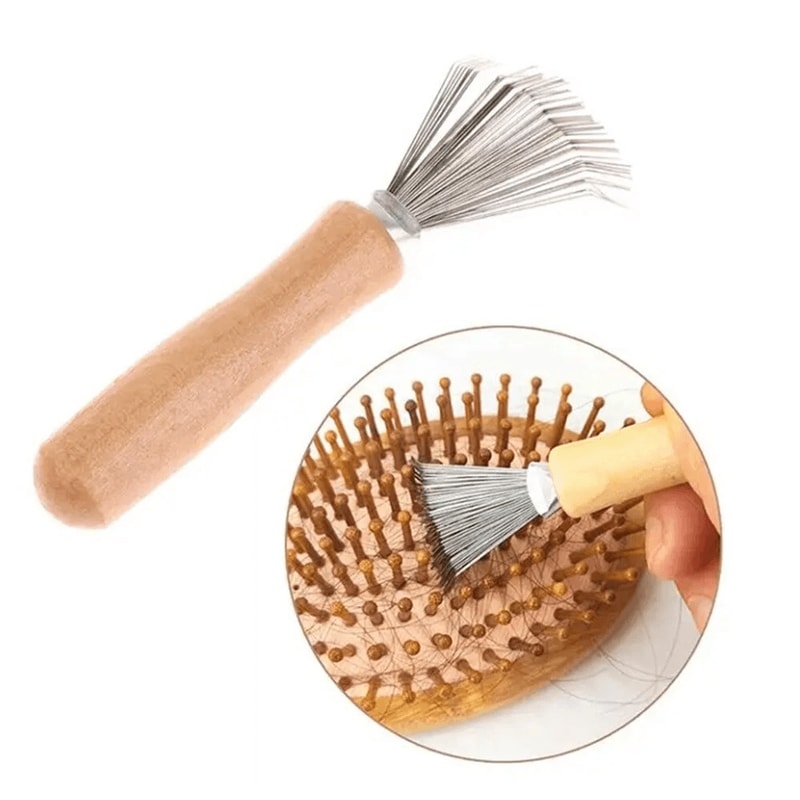 Hair Brush Cleaner Tool Metal Rake With Wooden Handle For Lint Hair Dust Removal 0