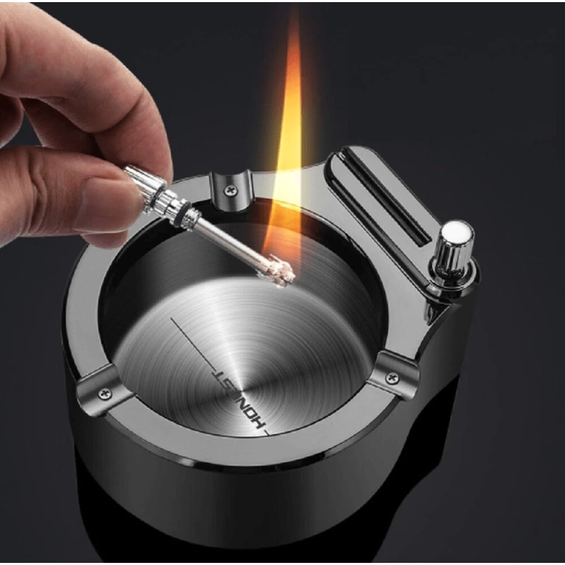 Vintage Ashtray With Lighter Retro Metal Refillable Match Tray 0