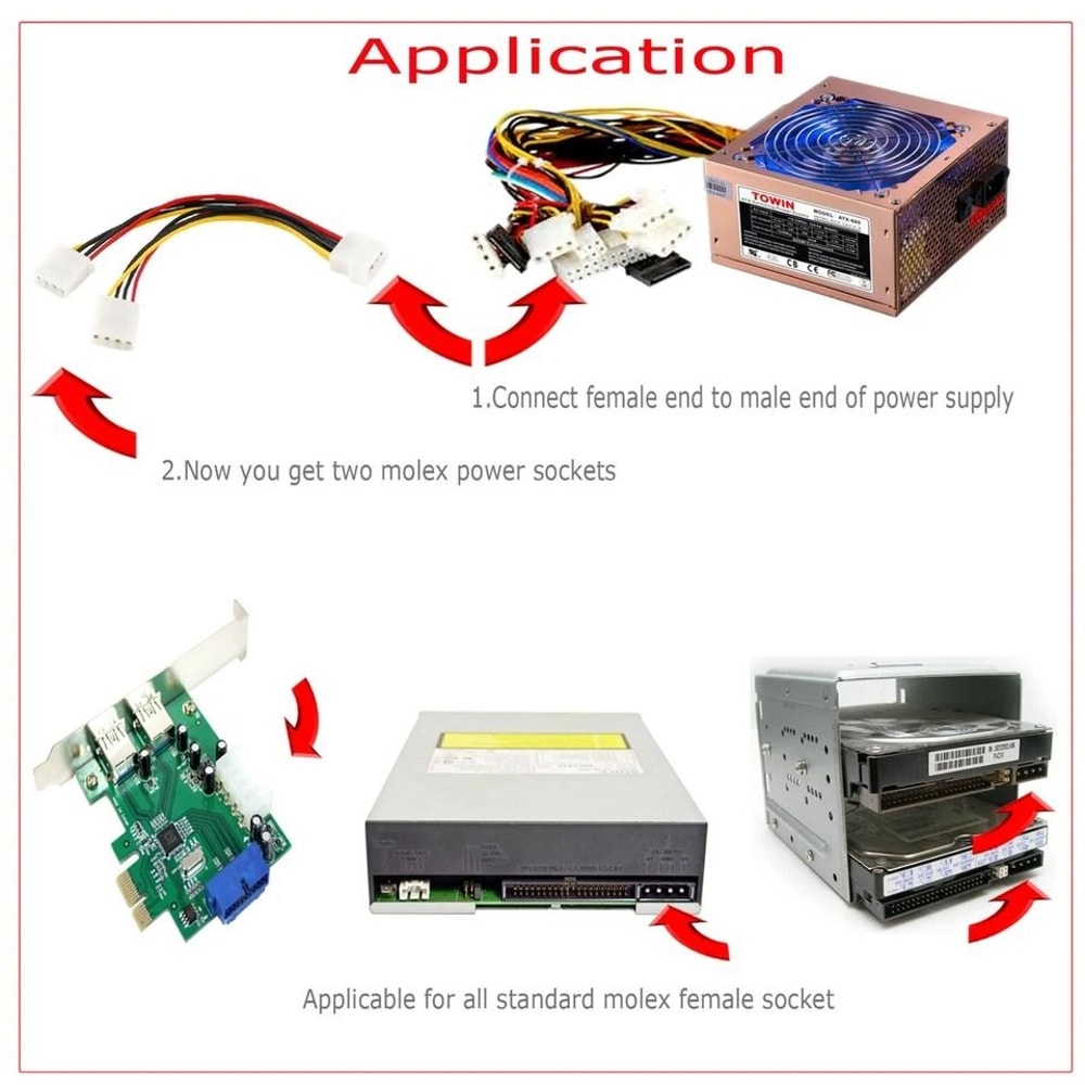 2 Pack 4 Pin Molex Splitter Cable 8 Inch Male To Dual Female IDE Power Adapter 1