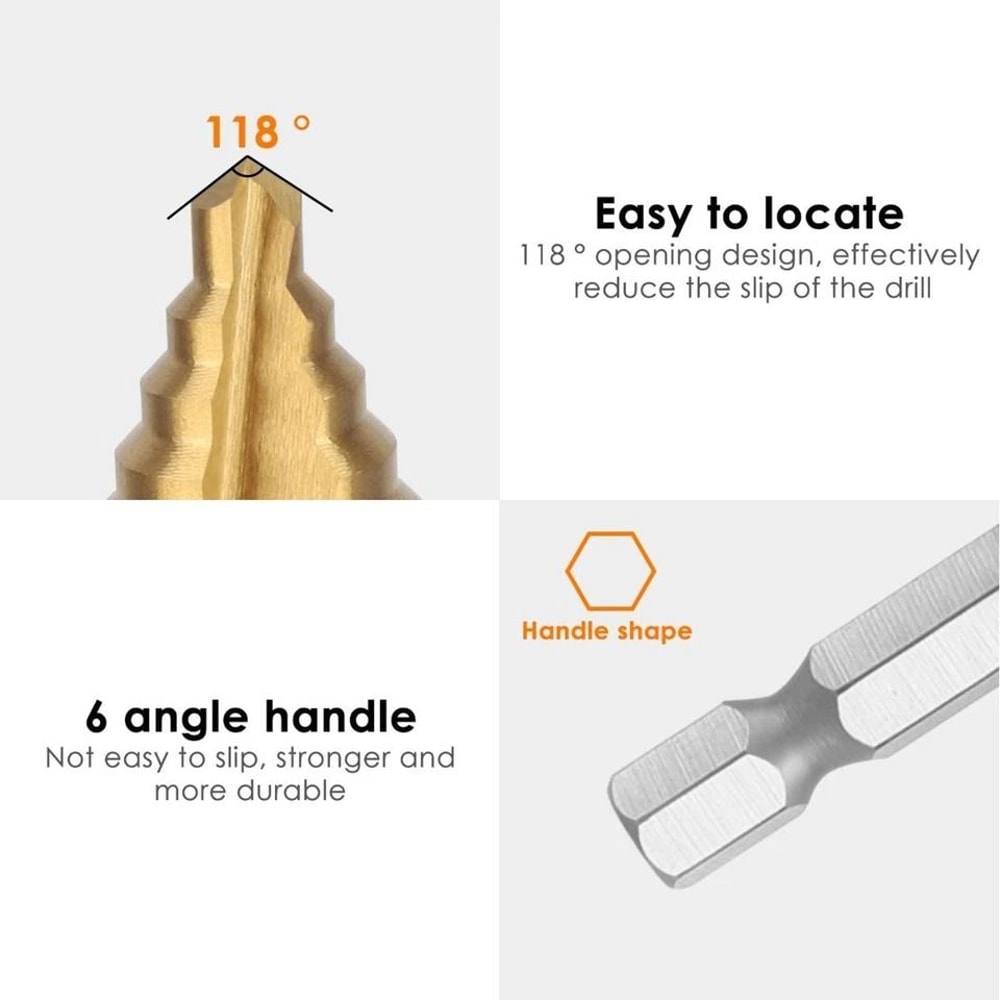 Step Drill Bit Set With 14 Hex Shank Titanium Coated HSS For Metal Plastic Wood 2