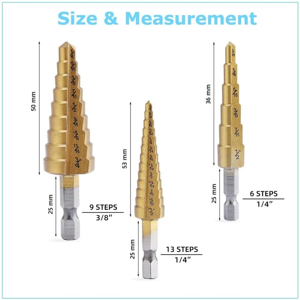 Step Drill Bit Set With 14 Hex Shank Titanium Coated HSS For Metal Plastic Wood 4