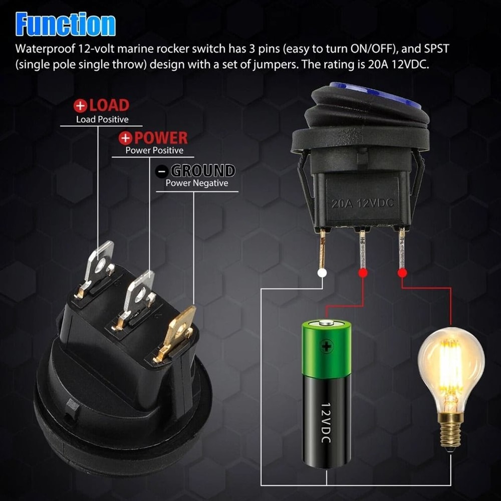 Waterproof Rocker Switch Blue LED Round ON Off Car Boat Switches 2