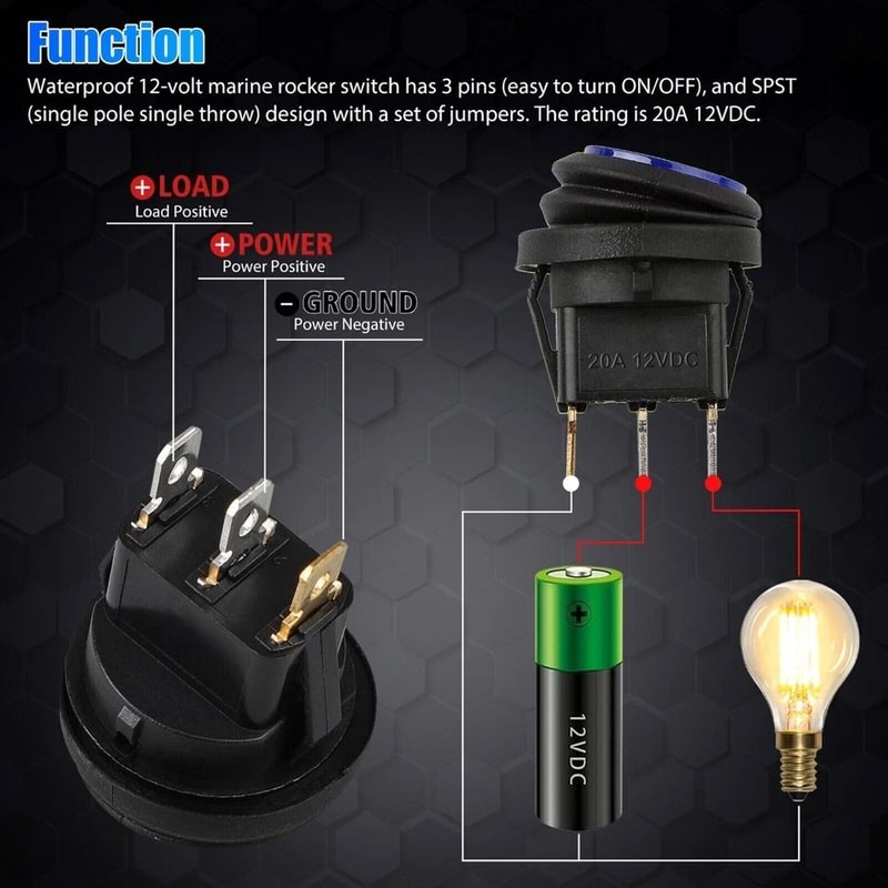 Waterproof Rocker Switch Blue LED Round ON Off Car Boat Switches 2
