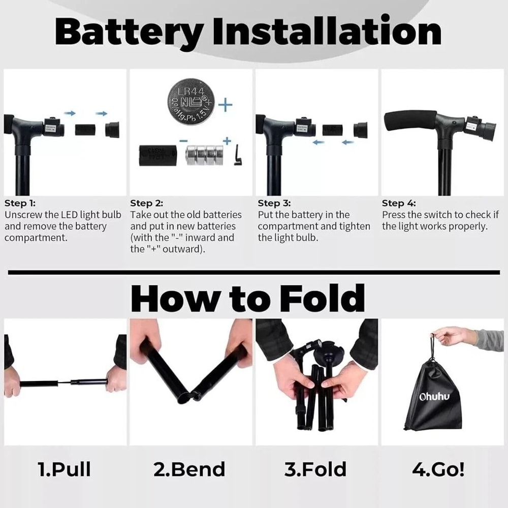 Folding Walking Cane With LED Light Adjustable Height Mobility Aid 2