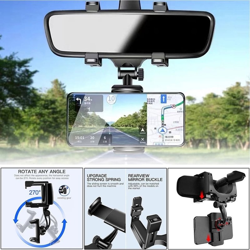 Rotatable Rearview Mirror Phone Holder Car Mount For IPhone Samsung And More 1