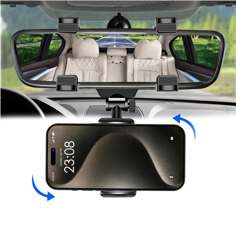 Rotatable Rearview Mirror Phone Holder Car Mount For IPhone Samsung And More 10