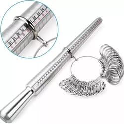 metal ring sizer tool with ring mandrel and finger sizing gauge