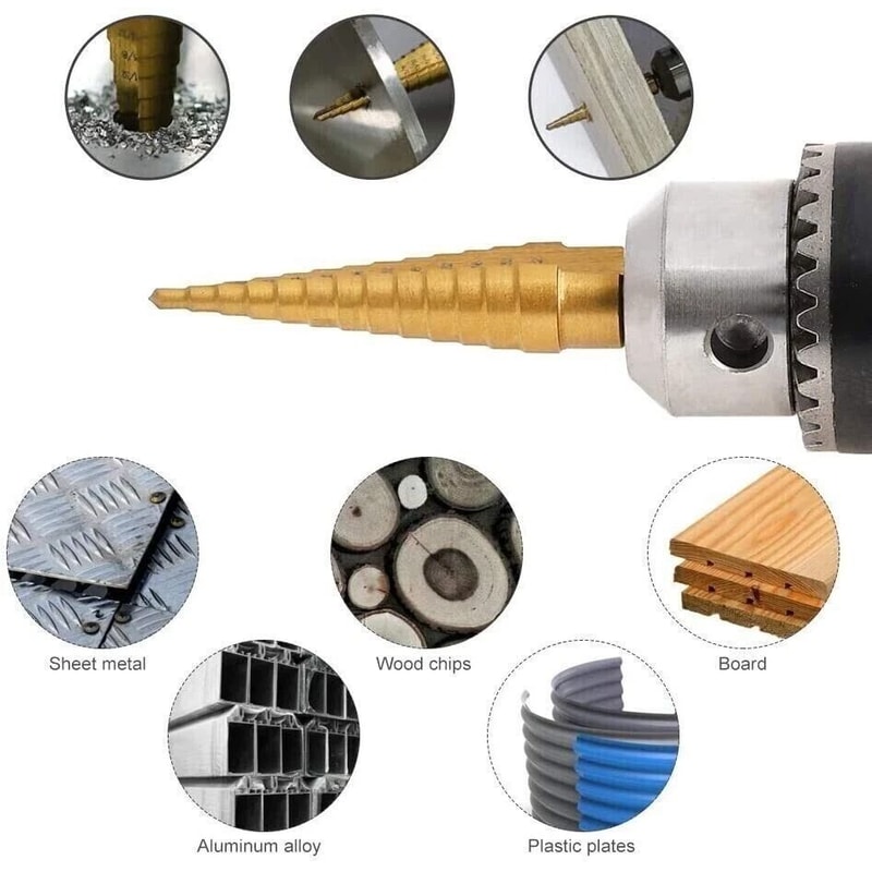 Titanium Nitride Coated Step Drill Bit Set With Quick Change Shank HSS Steel 4