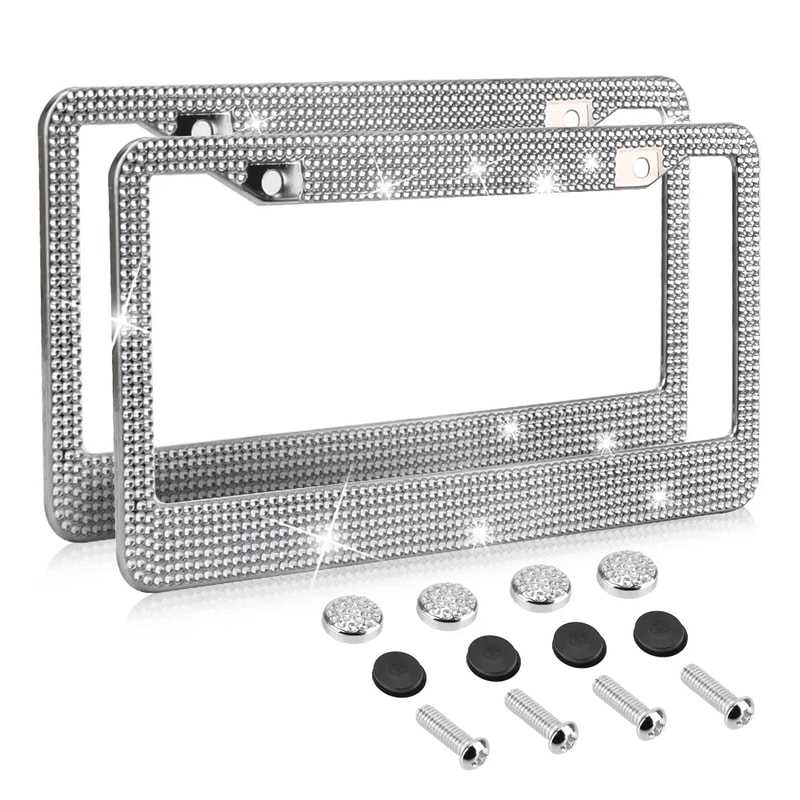 Bling License Plate Frame With Rhinestones Stainless Steel Sparkly Car Tag Holder 2
