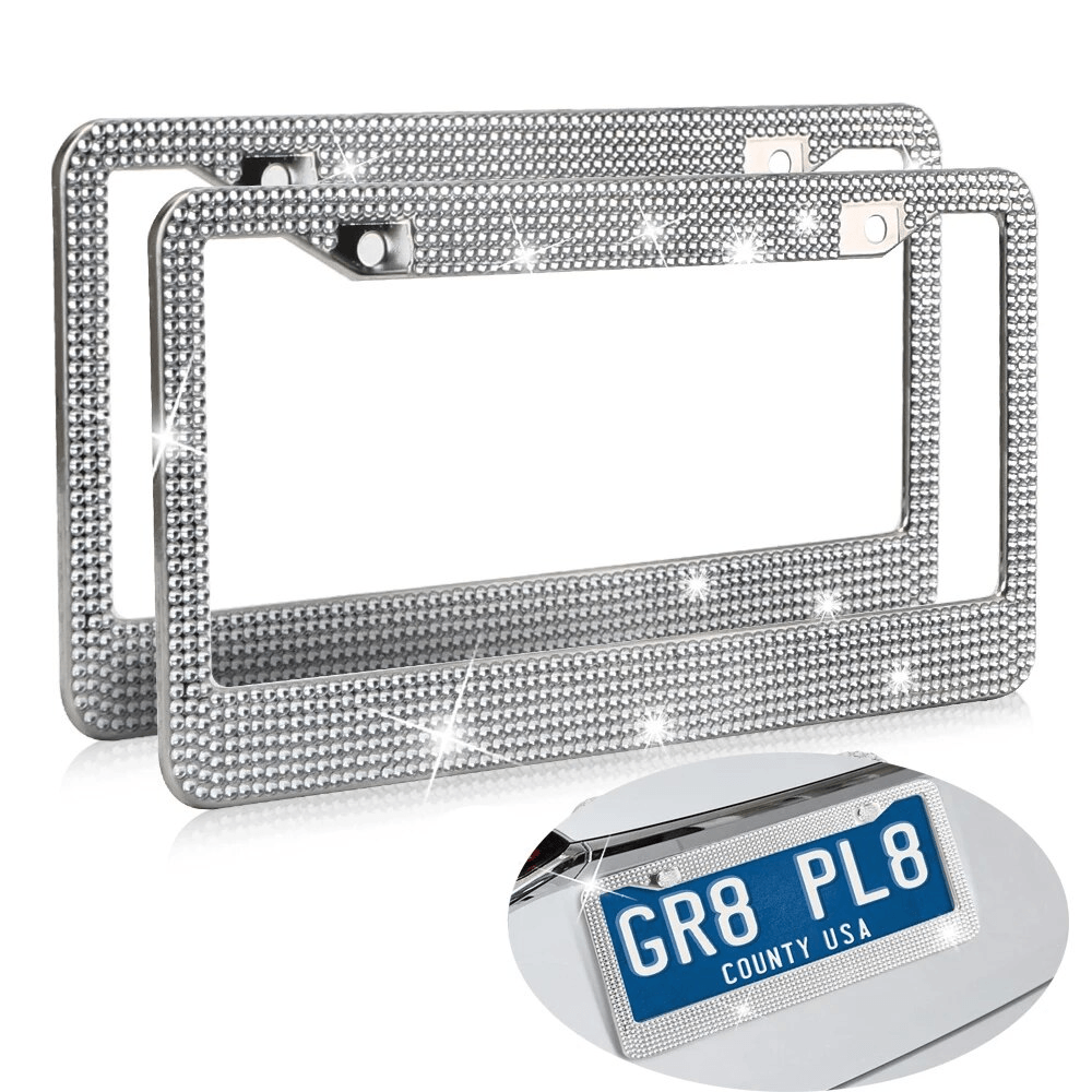 Bling License Plate Frame With Rhinestones Stainless Steel Sparkly Car Tag Holder 1